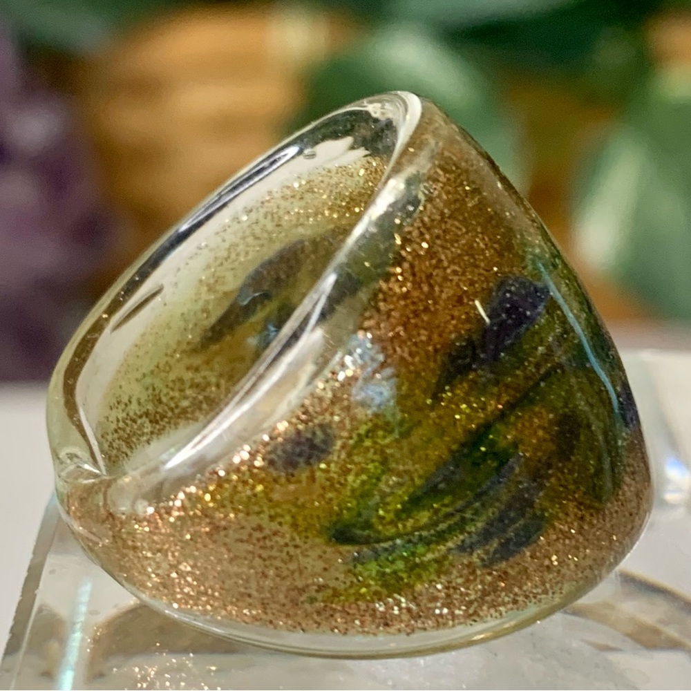 Murano Style Solid Glass Ring Hand Blown Artisan Dome Blue Green Swirl Sz 7 VTG - Picture 5 of 10